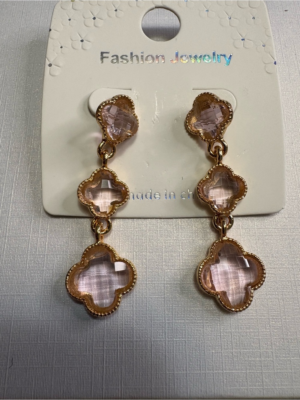 Fashion Jewelry Pink Glass Clover Drop Earrings - Unbranded